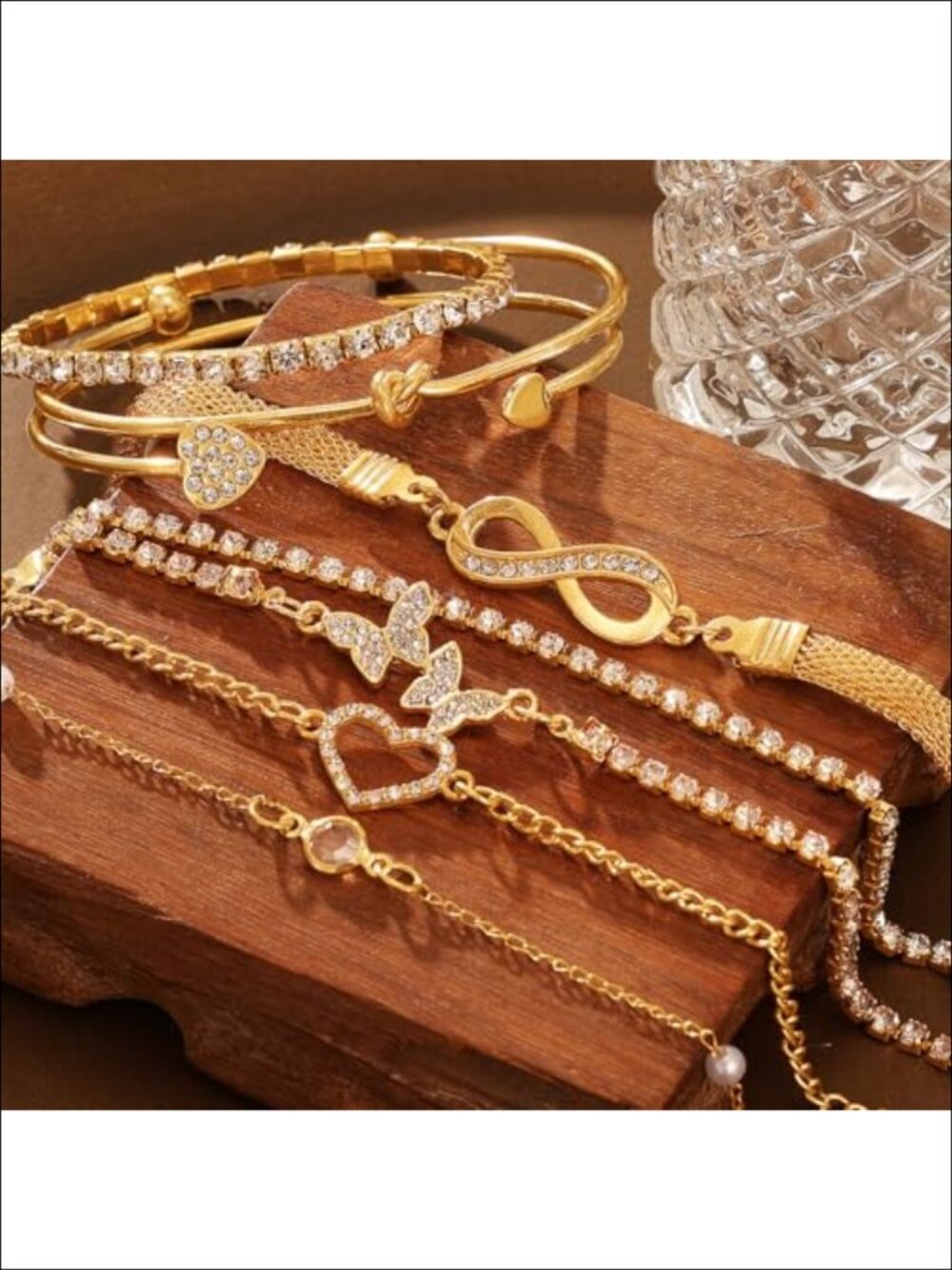 Stackable Bracelet Set Layered Chain Open Cuff Bangles Rhinestone Charm Women - Picture 6 of 6
